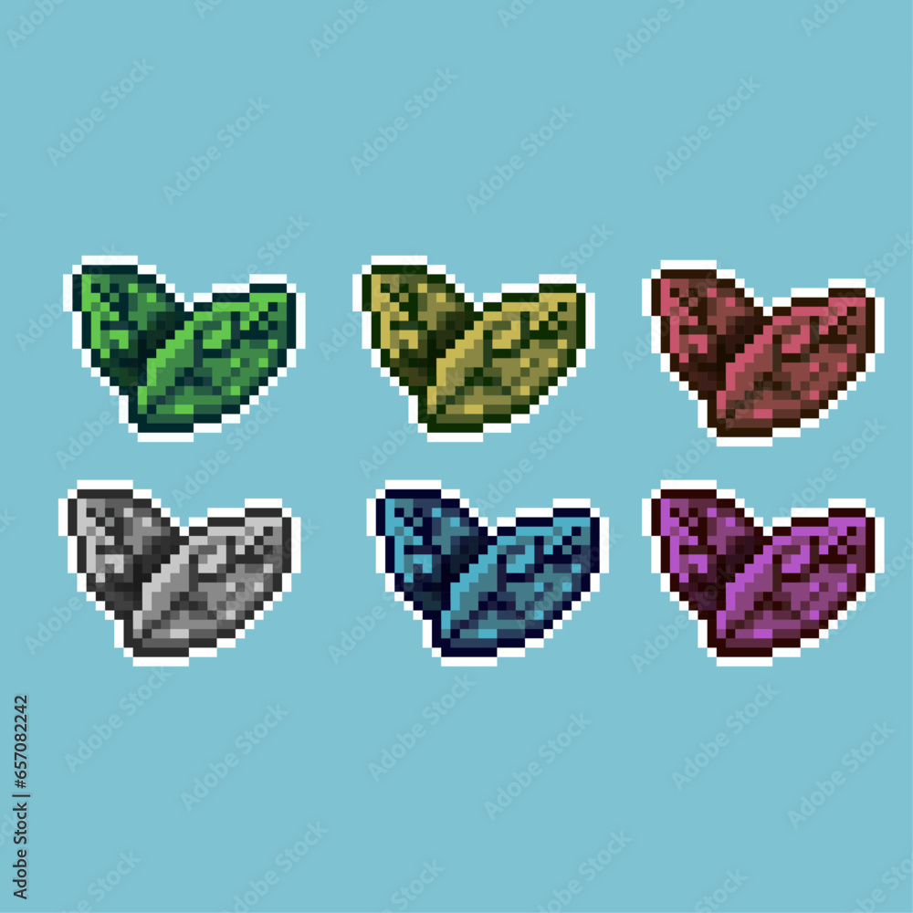 Poster pixel art sets of leaf plant with variation color item asset. simple bits of leaf icon on pixelated 