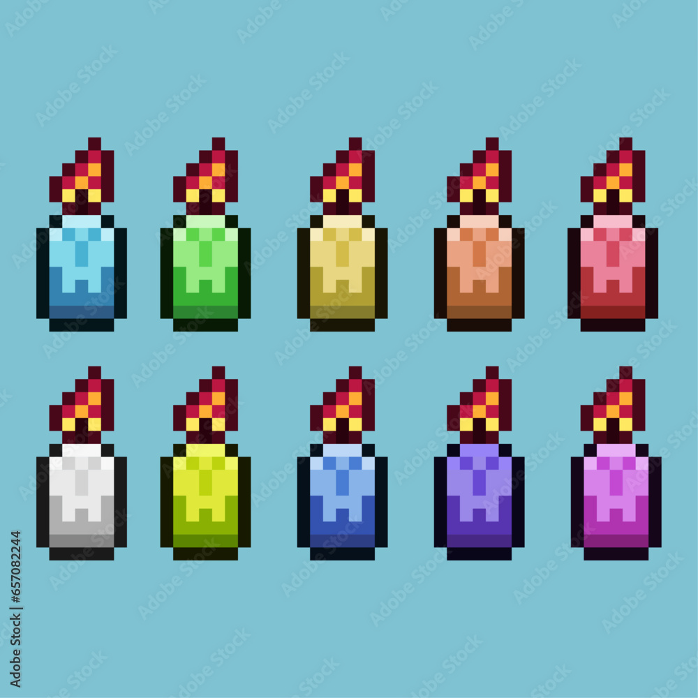 Poster pixel art sets of candle with variation color item asset. simple bits of candle on pixelated style. 