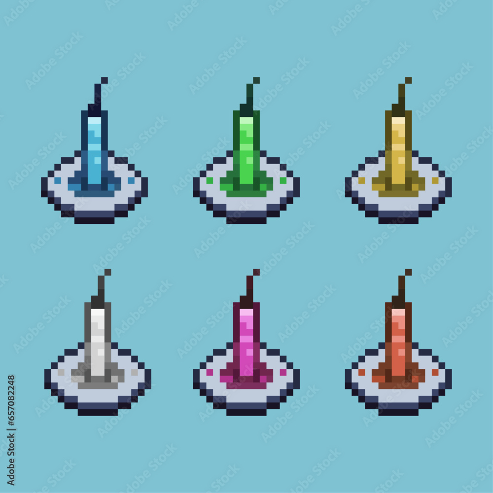 Poster Pixel art sets of candle on the plate with variation color item asset. Simple bits of candle on pixelated style. 8bits perfect for game asset or design asset element for your game design asset