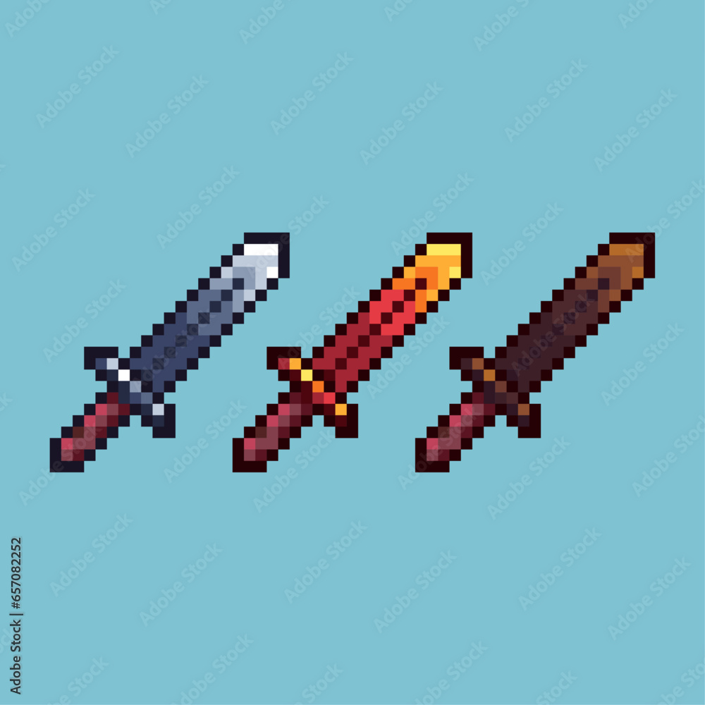 Fototapete pixel art sets of sword weapons with variation color item asset. simple bits of gold,silver sword on