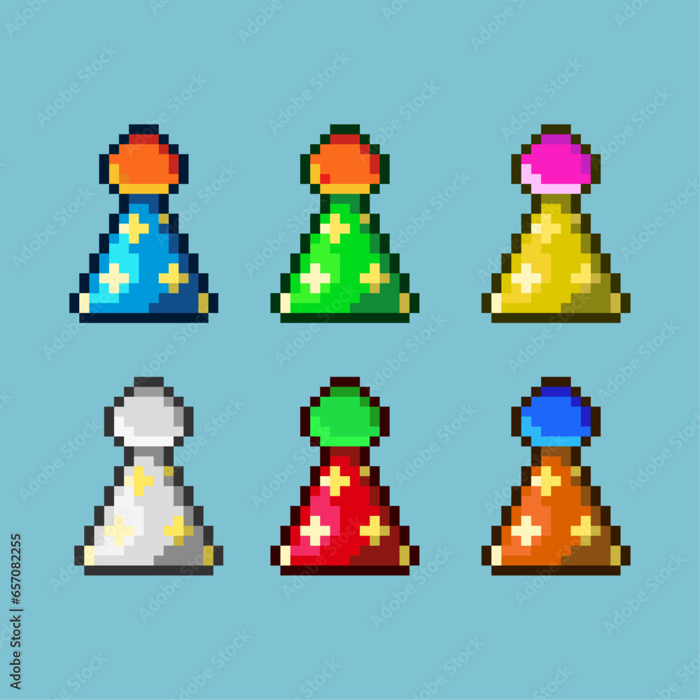 Poster pixel art sets of birthday hat with variation color item asset. simple bits of birthday hat on pixel