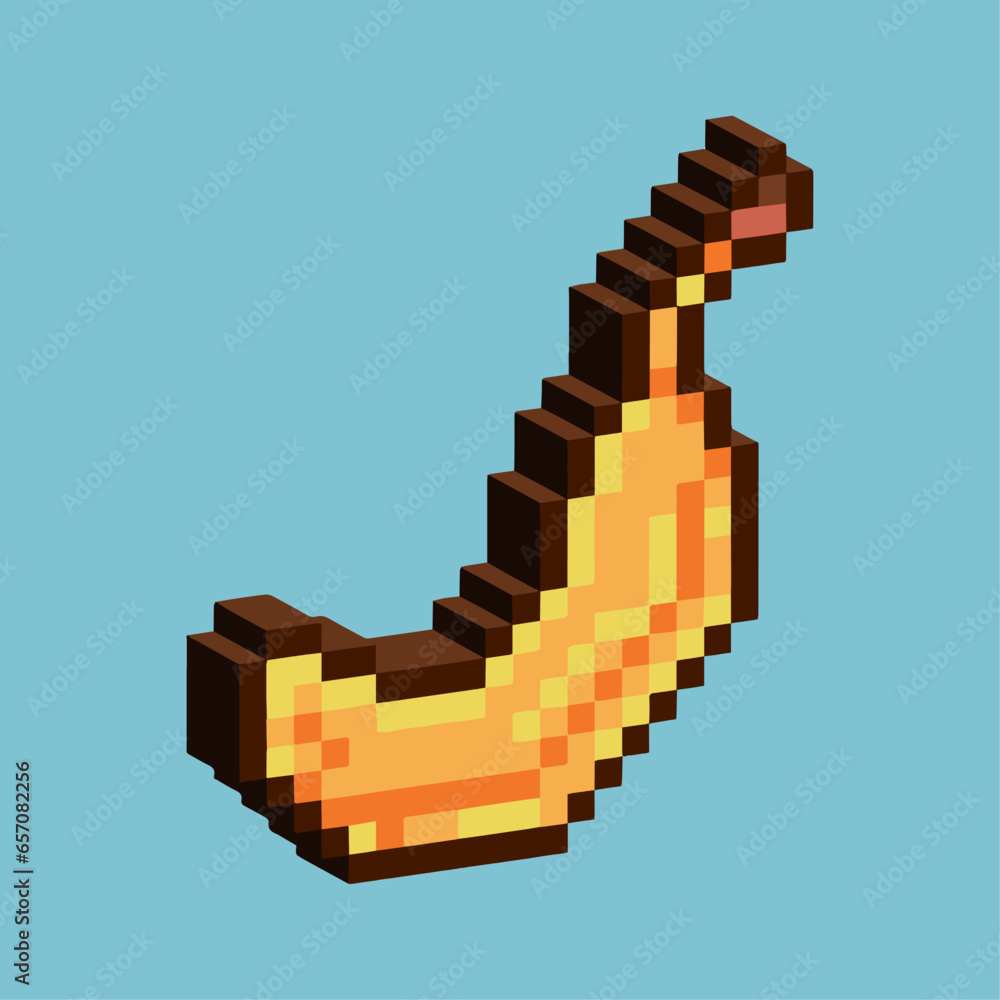 Poster isometric pixel art 3d of banana fruit for items asset. yellow banana food on pixelated style.8bits 