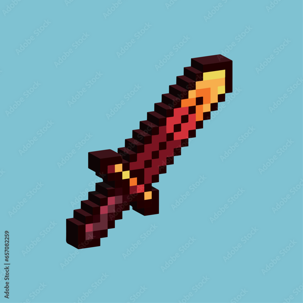 Poster isometric pixel art 3d of sword for items asset. sword weapons on pixelated style.8bits perfect for 