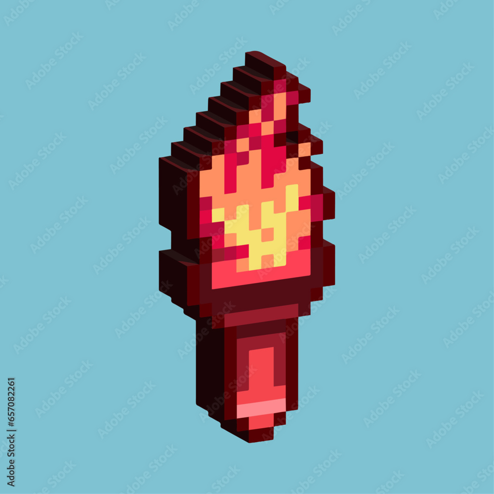 Poster isometric pixel art 3d of torch for items asset. red torch on pixelated style.8bits perfect for game