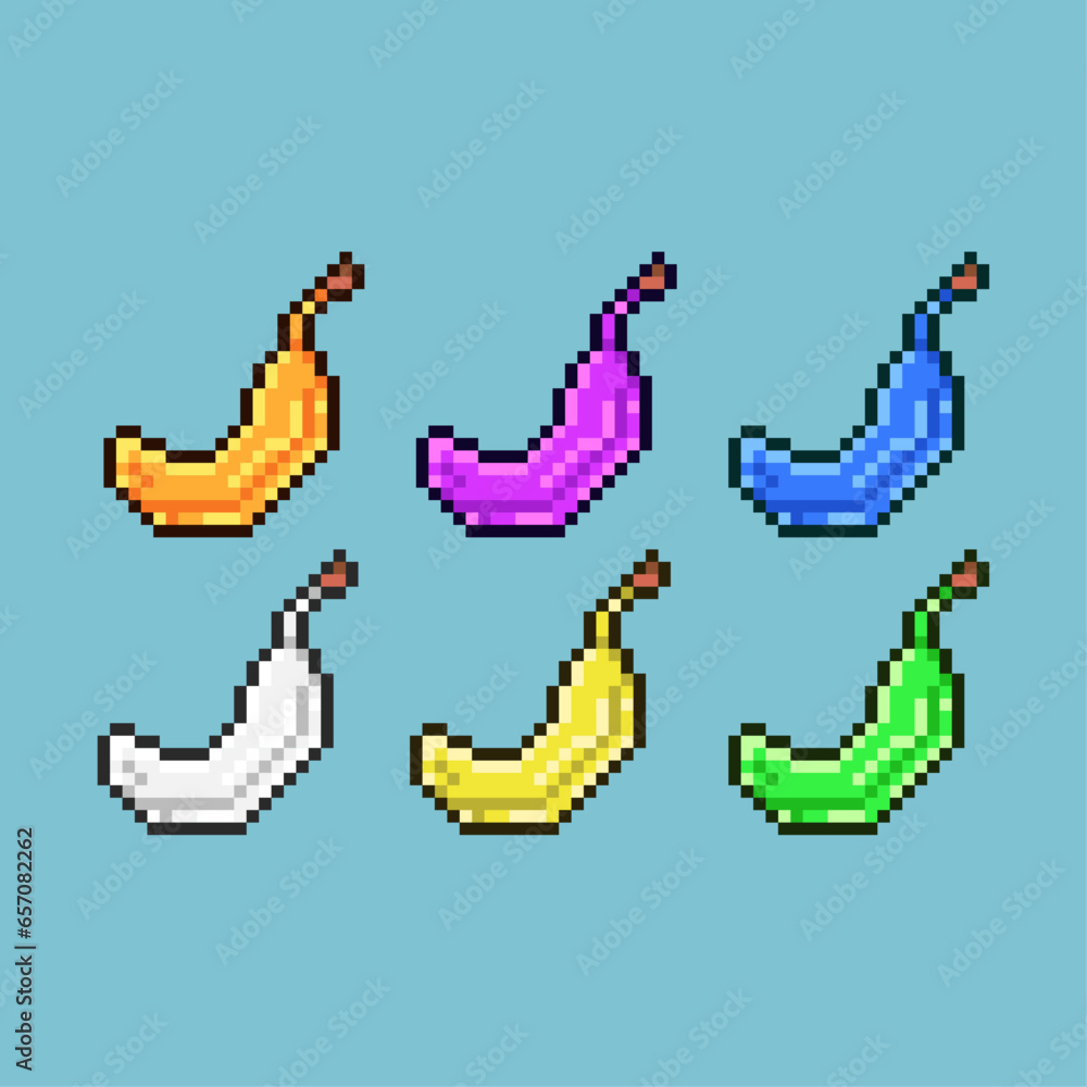 Fototapete pixel art sets of banana food with variation color item asset. simple bits of banana on pixelated st