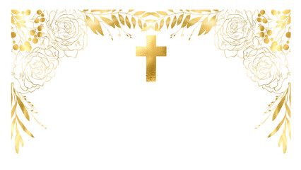 Gold linear Vintage rose bouquet, border, frame with holy cross. Gold floral cross, golden christian cross and flowers, Christian Symbol floral design, gold floral pattern