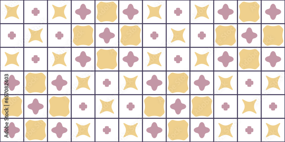 Poster Pattern of four-pointed shapes. Vector pattern of shapes in each tile, alternating and repeating.