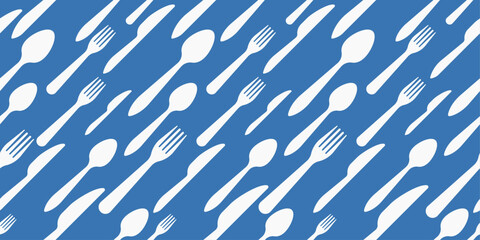 Background of diagonal spoons, forks, knives. Kitchen utensils, repeating and pattern for print.