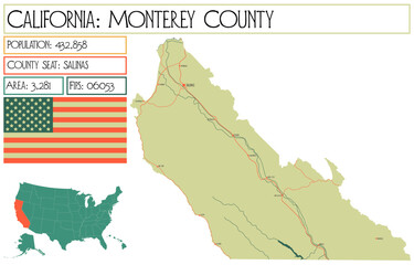 Large and detailed map of Monterey County in California, USA.