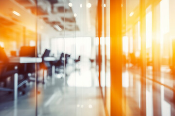 Empty open space business office. Motion blur, warm tones, abstract defocused background. Concept image of modern workplace interior. AI generative.