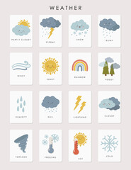 Weather Cards, Educational Cards, Kids materials, Kindergarten vector, School materials, Educational vector, weather elements