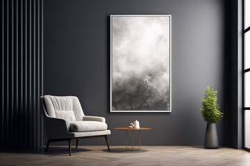 Lounge area, waiting room with armchair, table, green plant, abstract art on dark gray wall. Front view background. Interior and studio concept. AI generative. - obrazy, fototapety, plakaty