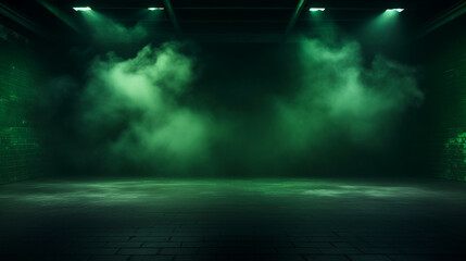 Dark empty grungy show room with smoke and spotlights. Green walls and floor. Moody front view, mockup, background. Interior and studio concept. AI generated illustration.