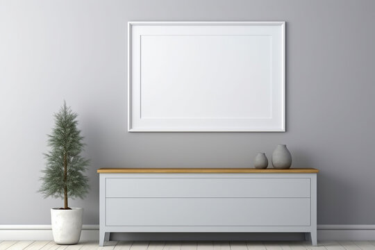 Empty white picture frame, mockup, on a gray wall, dresser and green plant. Front view background. Interior design concept. AI generative.