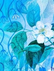 A blue shade in a floral glow. A bright, cheerful image produced abstractly.
