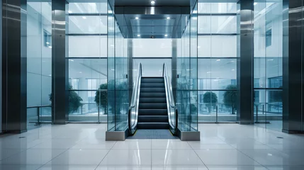 Foto op Aluminium Empty escalator stairs in shopping center, nobody. Minimal interior of shopping or business center. Futuristic stylish room.  © SnowElf