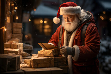 Obraz premium christmas tree decorations, santa claus with gifts, snowman in the snow, christmas gift boxes 