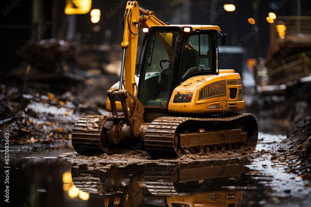 Wall mural compact excavator working in a tight urban construction site, generative ai