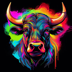 Black bull neon colored, street art, neon, black bull, generative ai