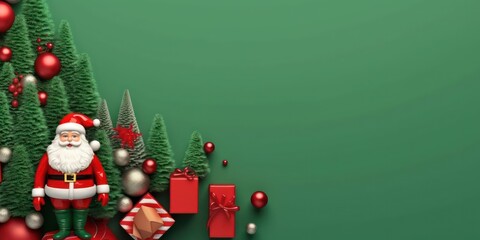 Green Christmas background with gift boxes, Christmas tree with Santa Claus. Beautiful background image of a wide format on a winter theme