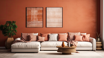 Terracotta Sectional Sofa in a Colorful Living Room with Dark Beige Walls and Art Gallery - Interior Design Mock up