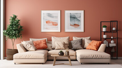 Terracotta Sectional Sofa in a Colorful Living Room with Dark Beige Walls and Art Gallery - Interior Design Mock up