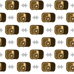 Seamless pattern with vintage wooden radio receiver. Retro technique. Can be used for fabric, textile, clothing, wallpapers or scrap booking. Hand-drawn doodle illustration.