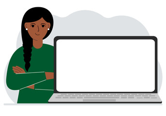 Woman crossed his arms near the laptop. The laptop is large and there is room for a test.