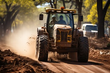 Grader creating a smooth surface on a rural road, Generative AI - obrazy, fototapety, plakaty