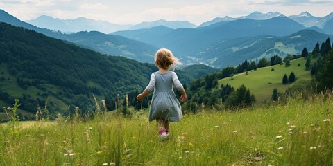Fototapeta na wymiar Girl walking on mountain. Adventurous summer. Exploring beauty. Journey of freedom. Escapade in mountains. Nature wonders. Summertime trek. Enjoying scenery