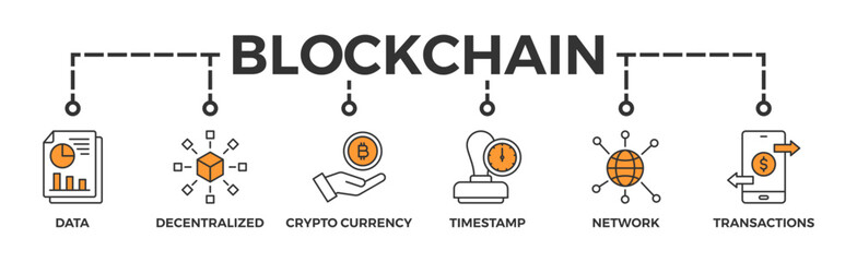 Blockchain banner web icon glyph silhouette with icon of data, decentralized, crypto currency, timestamp, network and transactions