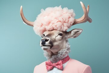 Close up of fashion model of reindeer with bow tie in pastel pink color. Light blue background.