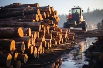  Log loader stacking timber at a lumber mill, Generative AI