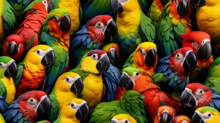 Seamless pattern of realistic parrots, cute, colorful, hyper realistic, background, wallpaper, animals