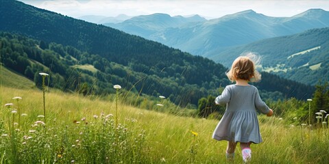 Girl walking on mountain. Adventurous summer. Exploring beauty. Journey of freedom. Escapade in...