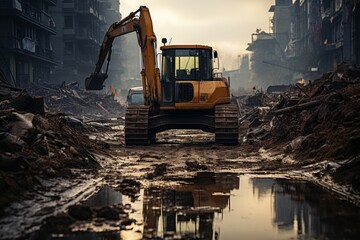 Massive bulldozer clearing a construction site, Generative AI - obrazy, fototapety, plakaty