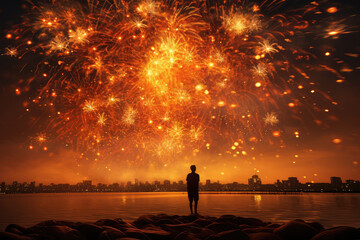 Fototapeta premium Fireworks light up the sky with dazzling display on city light background. New Year celebration. Abstract holiday background.