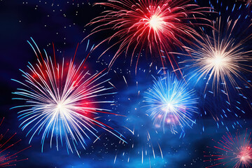 Fototapeta premium Fireworks light up the sky with dazzling display on dark blue sky background. New Year celebration. Abstract holiday background.
