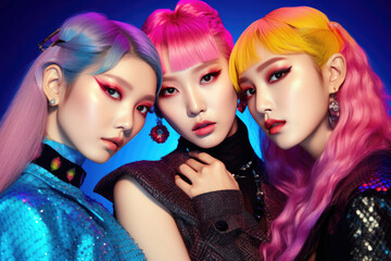 Naklejka premium Three young asian women with colored hair