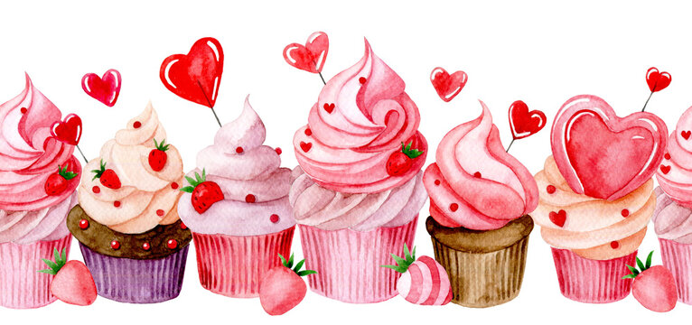 Watercolor pattern, seamless border with cute cupcakes with pink cream and hearts. illustration for valentine's day.