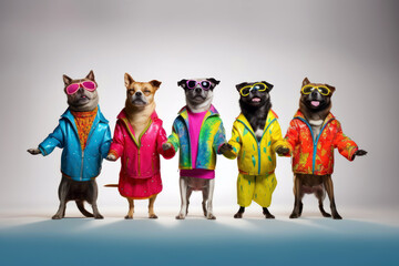 Funny dogs in colorful clothing and sunglases standing together