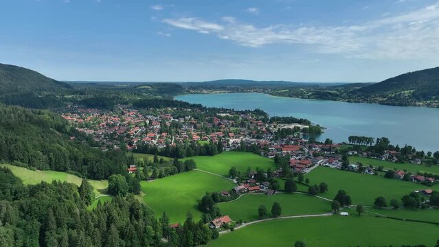 Aerial view of lake Tegernsee and Bad Wiessee, Upper Bavaria, Germany