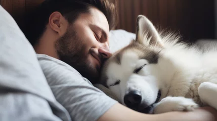 Poster dog sleep with his owner in bed © Svetlana
