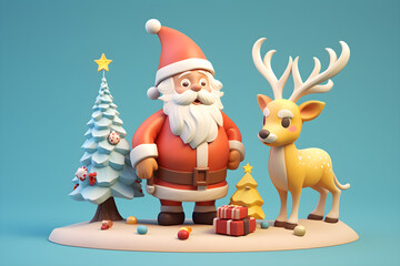 Plasticine Cute Santa Claus With Christmas Tree and Deer, Ai Generated