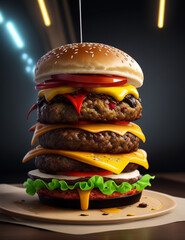 A delicious beef burger with full trimmings including salad ingredients and cheese on the table in close-up 