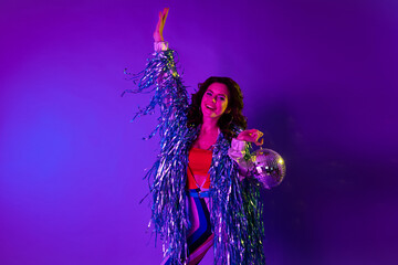 Photo of dreamy carefree girl dressed glitter jacket enjoying discotheque having fun isolated...