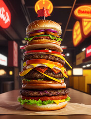 A delicious beef burger with full trimmings including salad ingredients and cheese on the table in close-up 