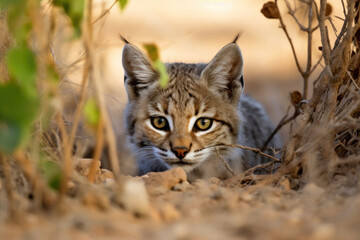 Obraz premium Hidden Predator: Bobcat Amidst Dry Desert Flora