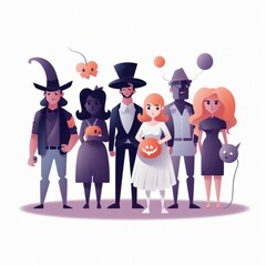 A minimalist character illustration of a group of people celebrating a Halloween party