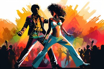 Vibrant illustration graphics of disco dancers - Groovy Retro Moves - AI Generated - obrazy, fototapety, plakaty